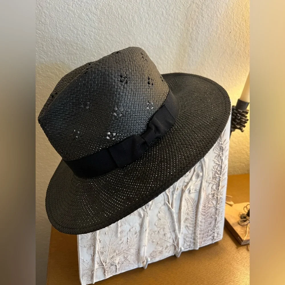 Anthropologie Black Straw Woven Raffia Hat for Women NEW